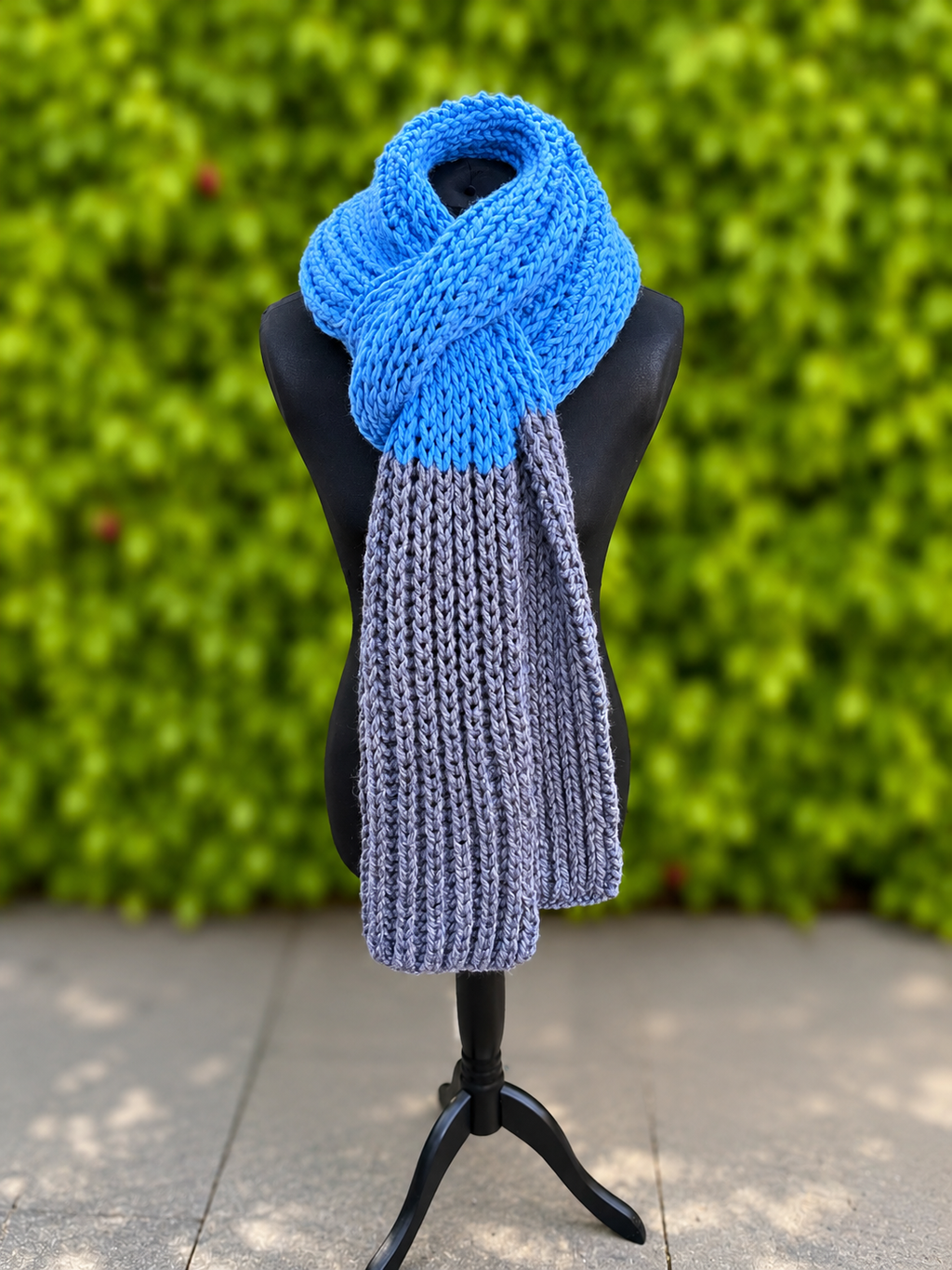 Hand knitted Blue & Grey chunky rib pattern scarf