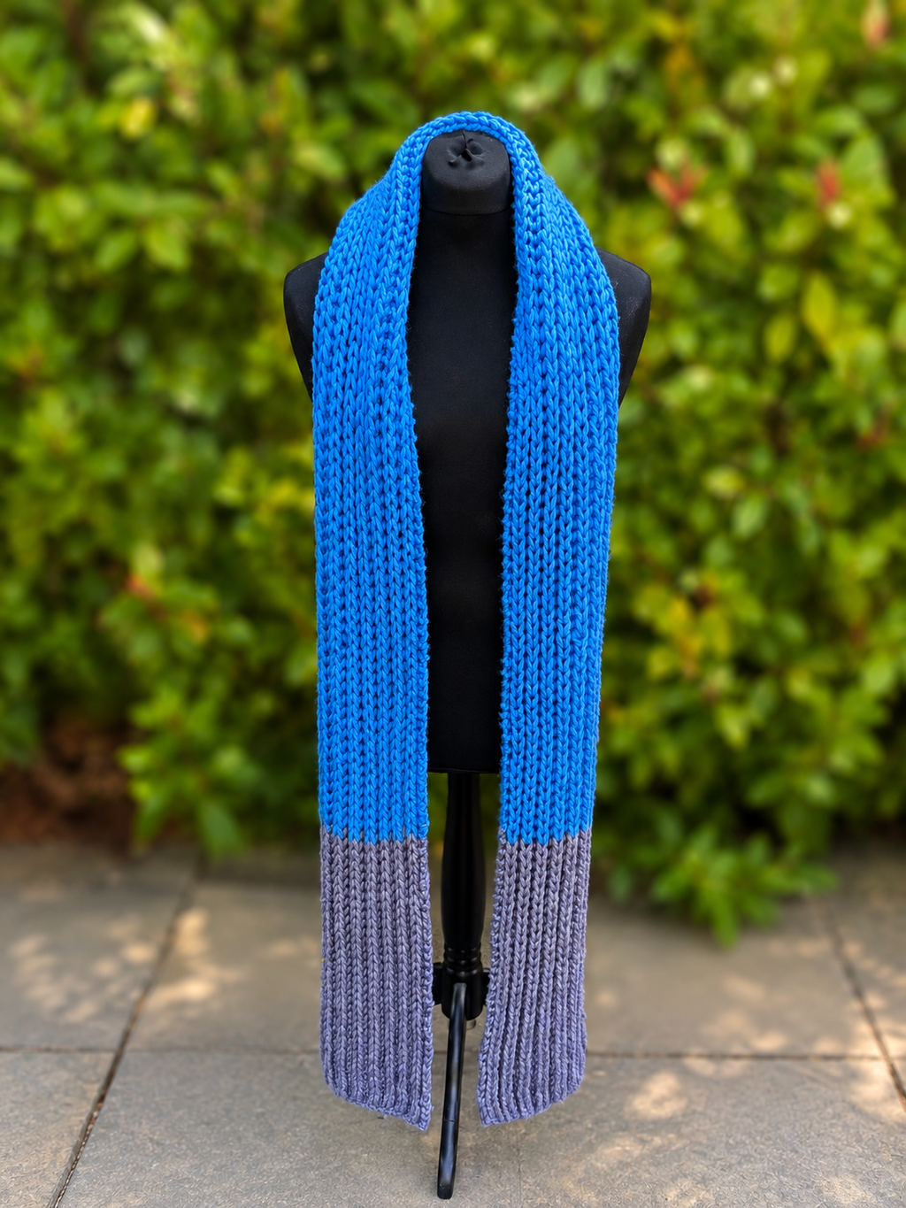 Hand knitted Blue & Grey chunky rib pattern scarf