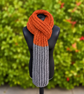 Hand knitted Rust Orange & Grey chunky rib pattern scarf