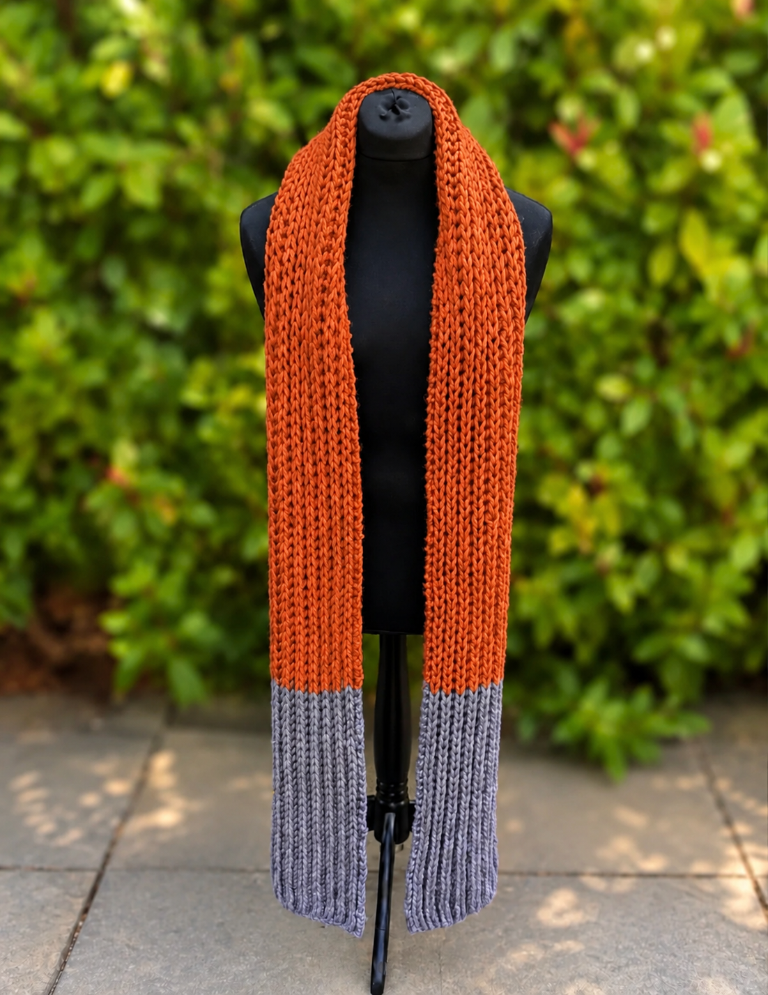 Hand knitted Rust Orange & Grey chunky rib pattern scarf