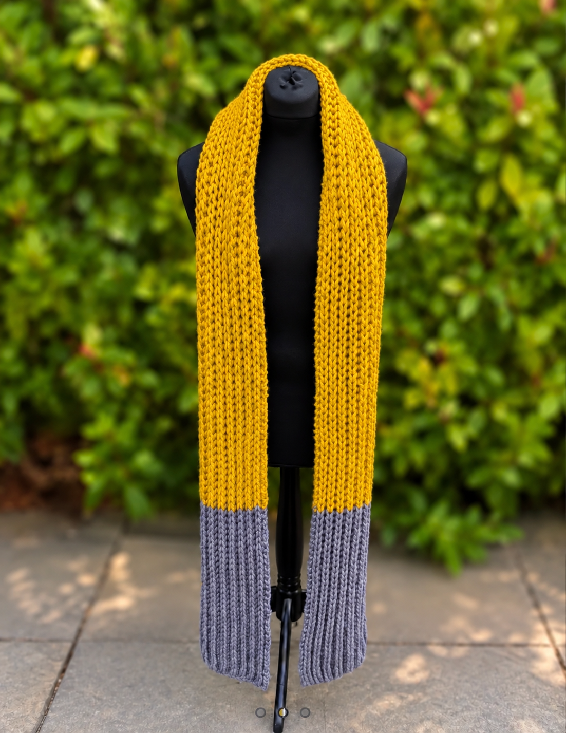 Hand knitted Yellow & Grey chunky rib pattern scarf