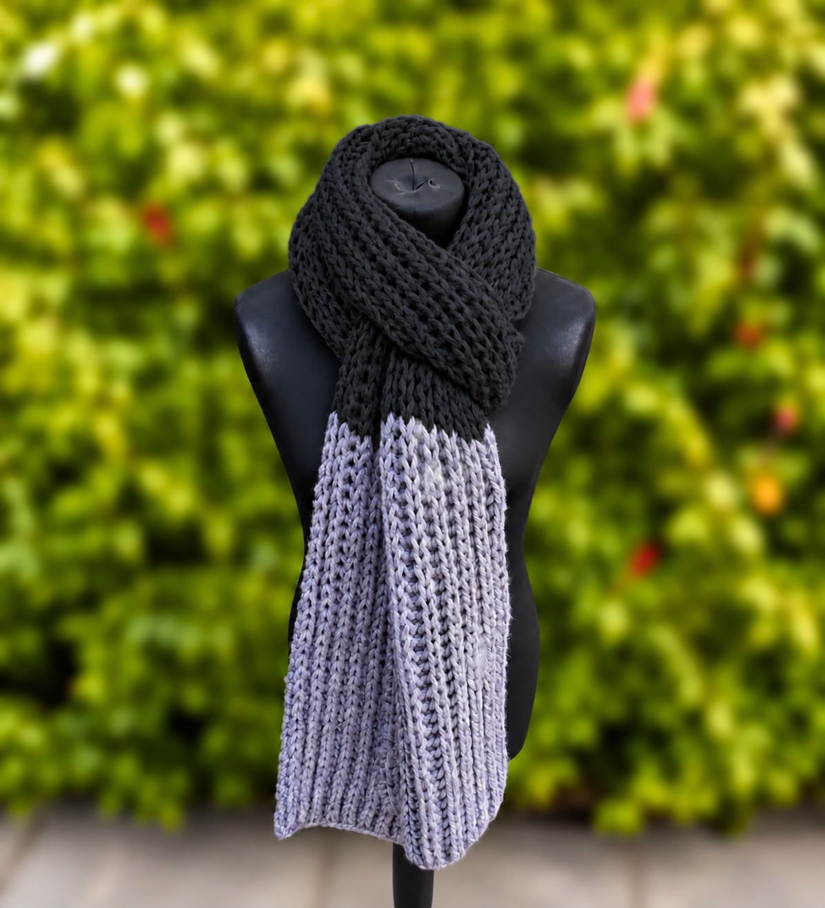 Hand knitted Black & Grey chunky rib pattern scarf