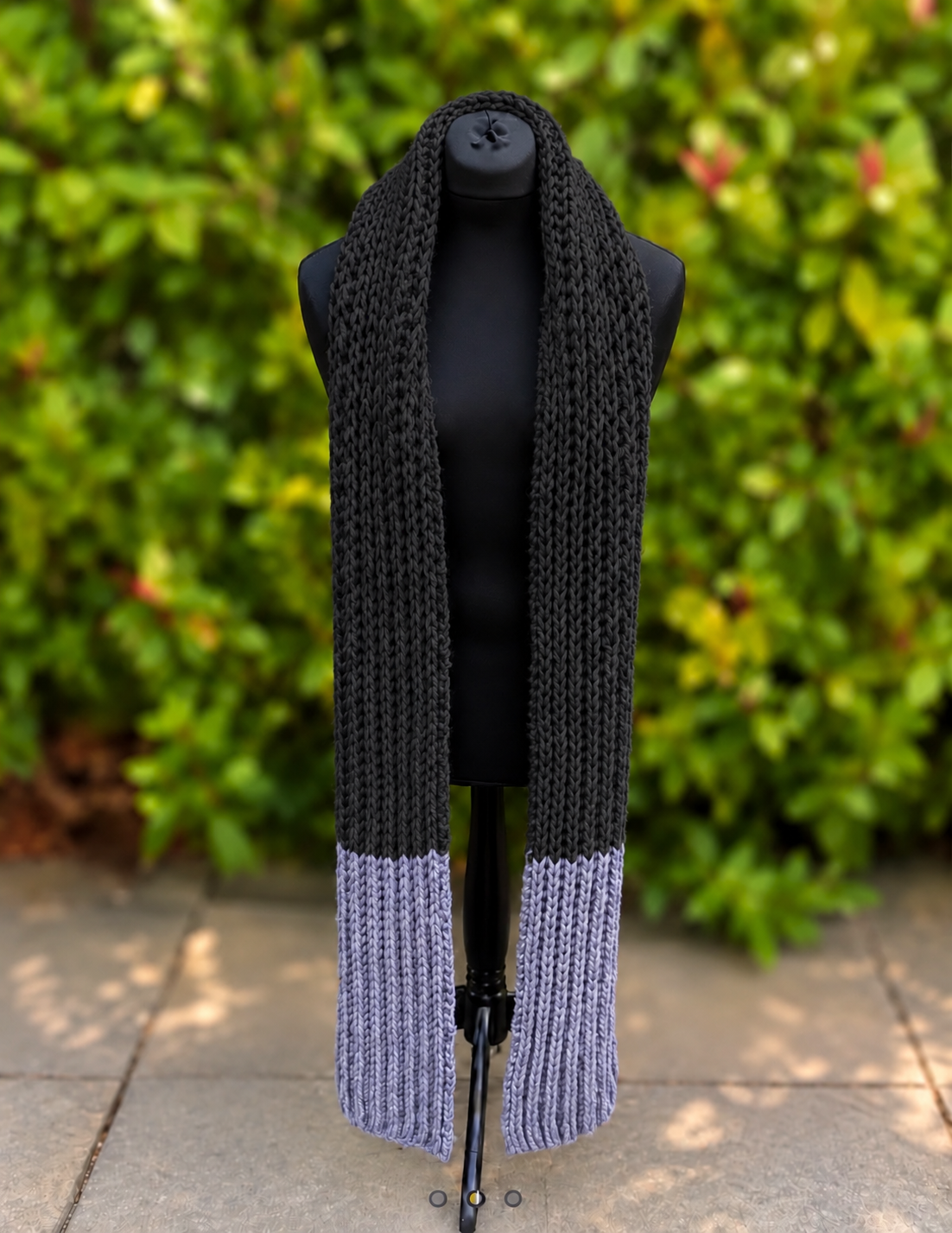 Hand knitted Black & Grey chunky rib pattern scarf