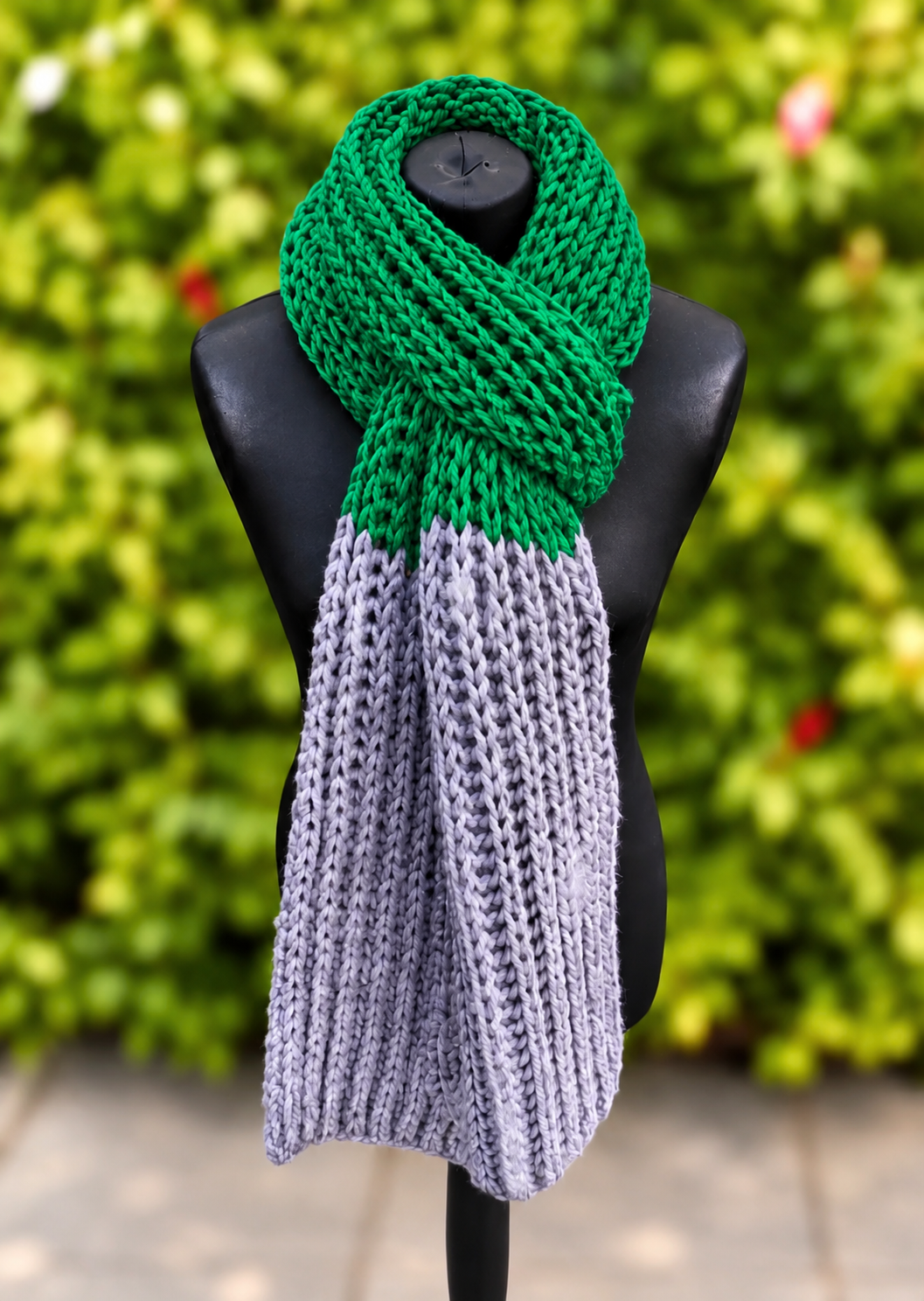 Hand knitted Dark Green & Grey chunky rib pattern scarf